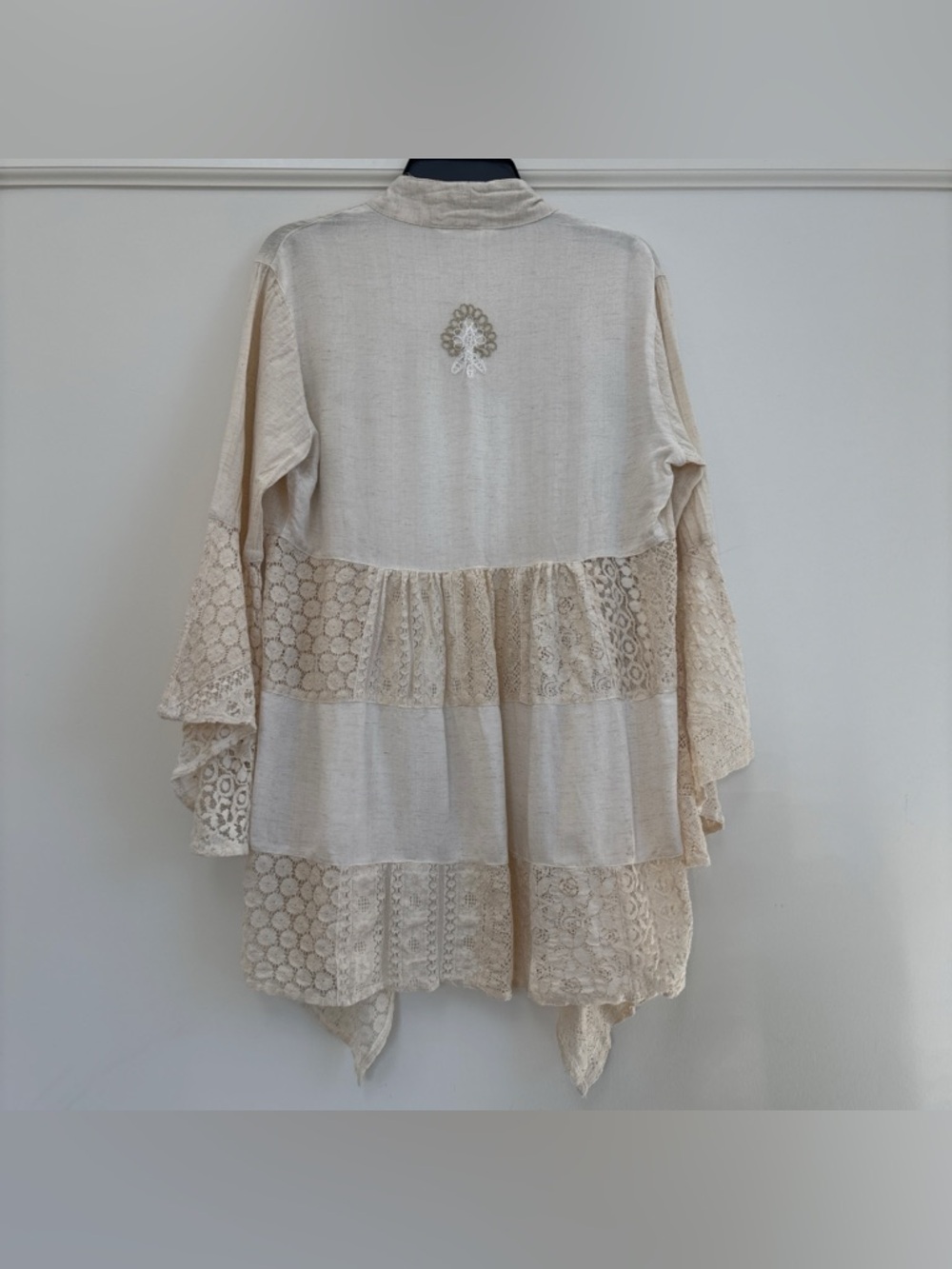 Young Threads Natural Denim Motif Embroidered Boho Long Shrug Kimono Duster NWT - Picture 7 of 9